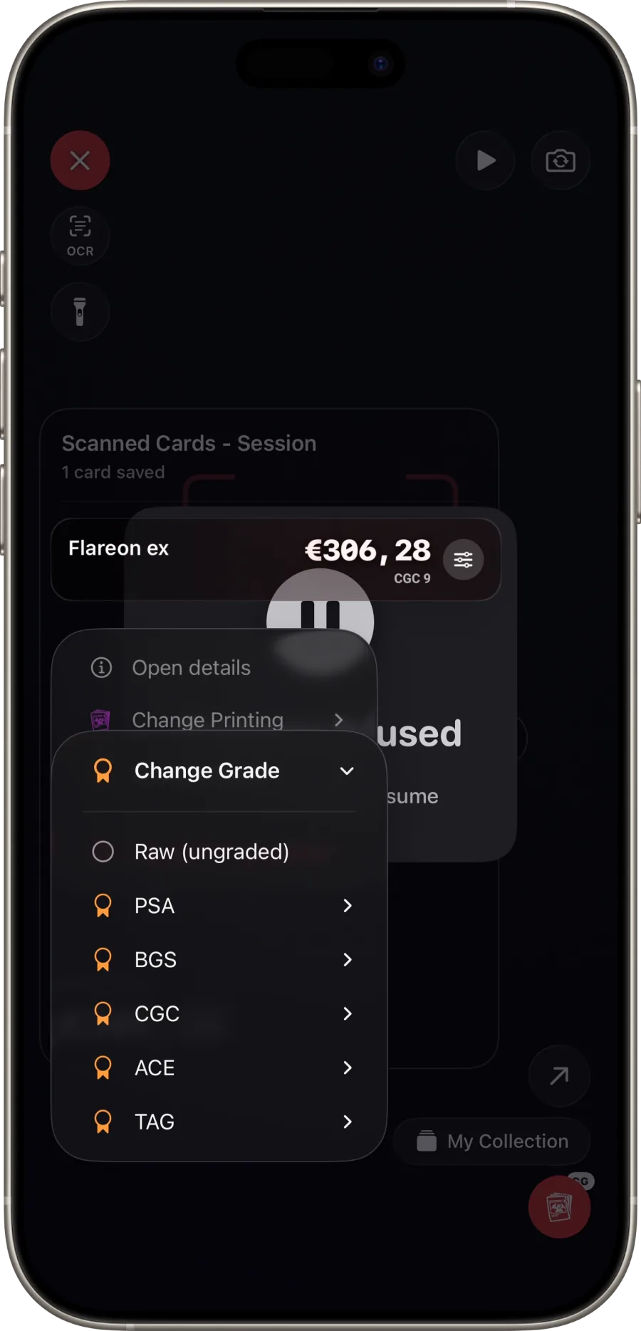 Eyevo showing the grade selector with PSA 10, 9, 8 options