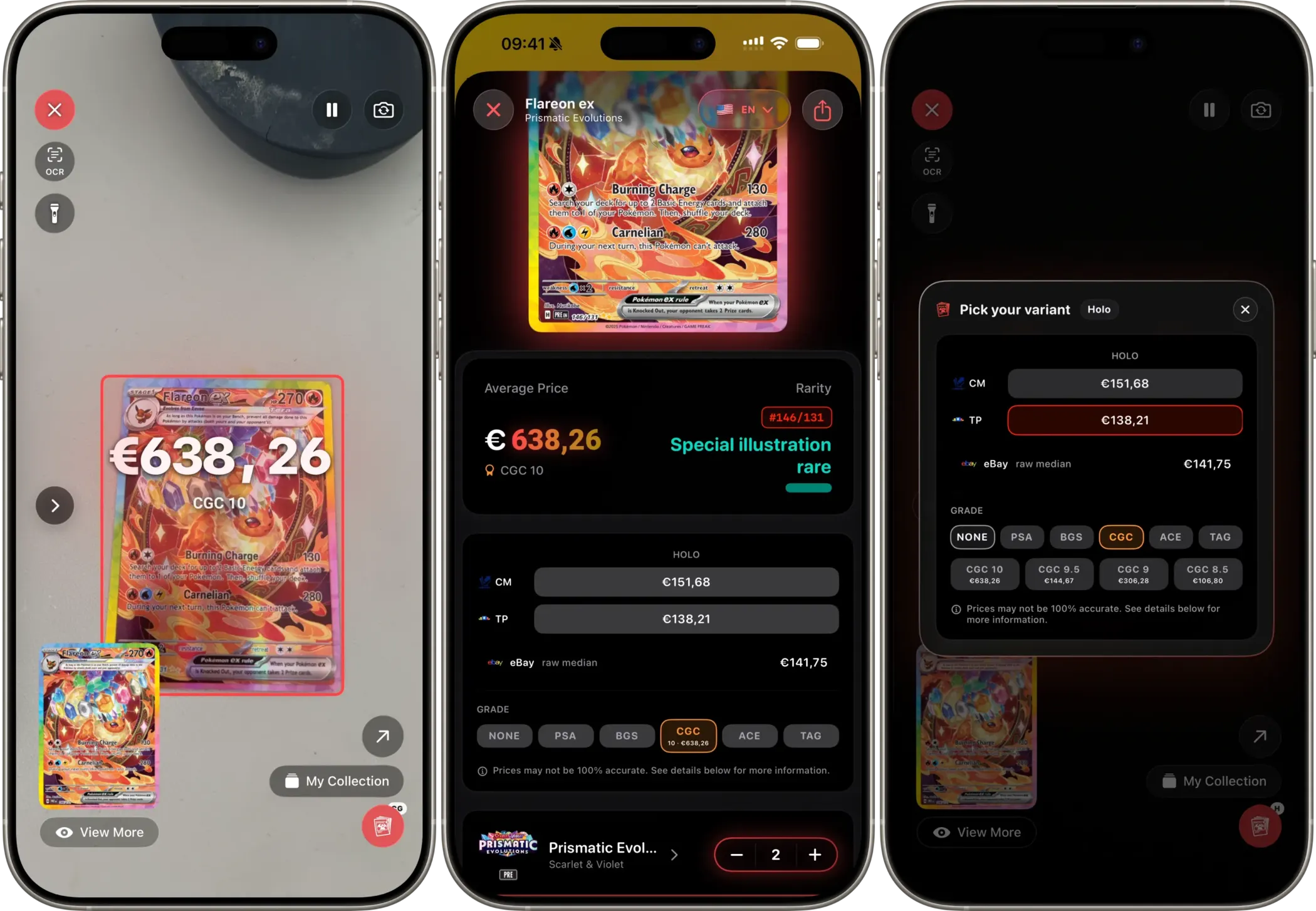 Eyevo showing CGC grade comps for a Pokemon card
