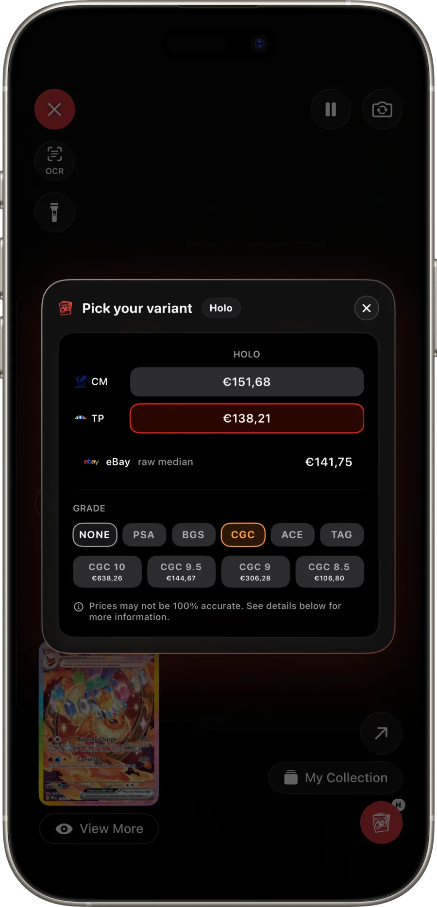 Eyevo variant + grade picker showing all six grading companies